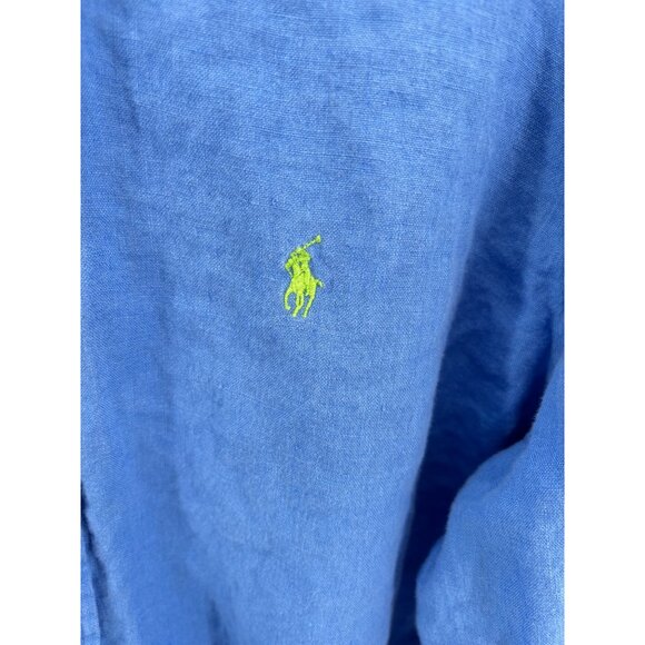Ralph Lauren Mens Classic Fit Blue Linen Button-Down Shirt With Green Logo Embro - Picture 2 of 6